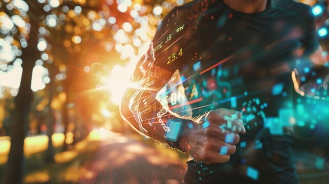 Runner with Smartwatch in Sunlit Park - Generative AI