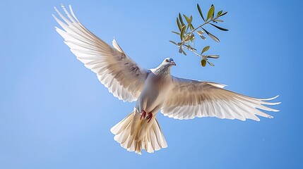 Fototapeta premium Hollywood style Movie Tone dramatic A photorealistic image of a majestic dove soaring through a clear blue sky, carrying an olive branch in its beak, a symbol of peace and hope in the face of nuclear