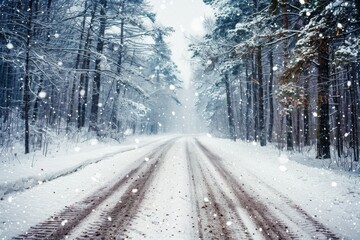 Obraz premium Winter wonderland: snow-covered forest with falling snowflakes on a chilly road amidst a blizzard scene in a winter wonderland forest
