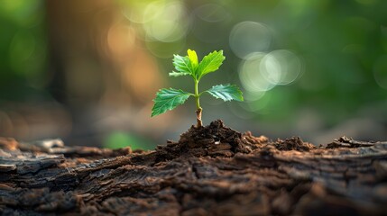 Young plant emerging from a decayed wood trunk, illustrating nature's resilience and rebirth