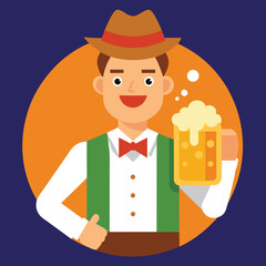 Hilarious Drunk Man with Beer Mugs at Oktoberfest Festival - Fun Vector Art Illustration for Celebrations.