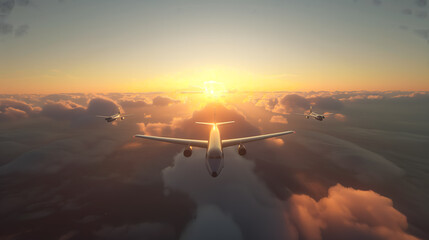 Large plane flying against the background of the sunset sky