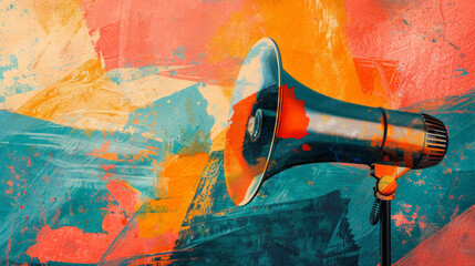 Retro Vintage Megaphone on Vibrant Abstract Background with Bold Shapes and Colors