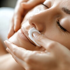 Close-up of a woman's face receiving a gentle facial treatment at a spa, relaxing skincare routine with professional care.