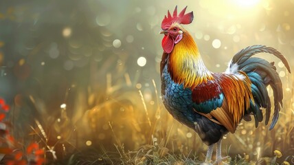 Fototapeta premium Colorful rooster standing in sunlight surrounded by grass