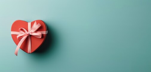 Heart-shaped red gift box with pink ribbon on a light blue background. Perfect for special occasions, celebrations, and romantic themes.