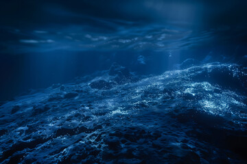 A rocky ocean floor with a blue sky above