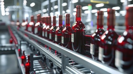 Red Wine Bottle Filling Line in a Wine Factory: Food Industry Process