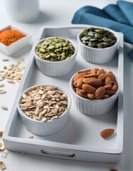 4 white Cups of grains,pumpkin seed,oat,almond ,nut ,healthy food, high vitamin ,fiber ,mineral in white tray on table.