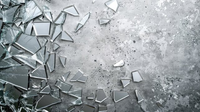 Broken glass shards scattered on concrete surface