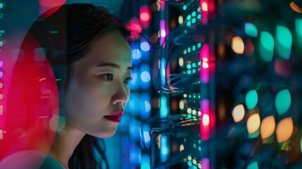 Woman in a Server Room with Colorful Lights - Generative AI