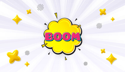 Offer sunburst ray banner. Boom comic cartoon bubble banner. Discount sticker shape. Sale coupon icon. Boom bubble chat message. Speech bubble discount with stripes. Burst text balloon. Vector