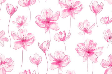 A seamless pattern of delicate pink flowers on thin stems, drawn in a minimalist and elegant style, on a white background.