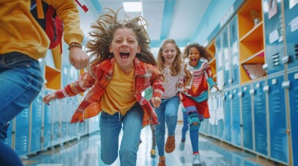 Obraz premium Joyful School Children Running in Hallway Generative AI