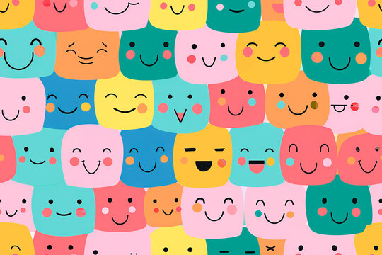 A seamless pattern of cute, colorful faces with different expressions on square blocks, creating a playful and cheerful design.