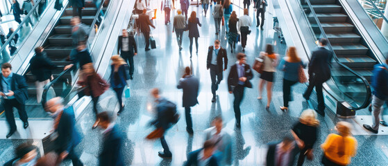 Obraz premium Dynamic motion blur of people walking in a modern airport terminal, captured with vibrant colors reflecting on the floor.