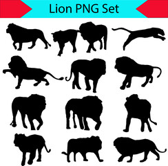 Set of lion silhouette vector illustration on white or transparent background, PNG