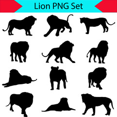 Set of lion silhouette vector illustration on white or transparent background, PNG