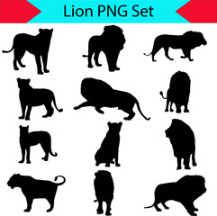 Set of lion silhouette vector illustration on white or transparent background, PNG