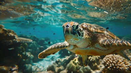 Obraz premium Sea Turtle on Coral Reef Underwater for Marine Conservation
