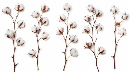 Set of cotton branches isolated on white background. Delicate cotton flowers collection.