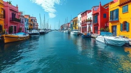 Colorful boats peacefully docked along a vibrant, picturesque waterway surrounded by multicolored homes under a bright, clear blue sky, capturing serenity and charm.