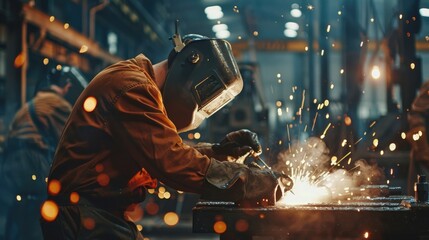 Industrial Workers in Welding Uniforms and Masks: Safety First at Steel Welding Plants