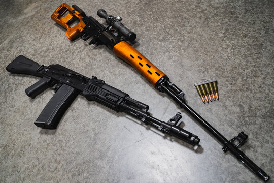 Russian military weapons, SVD sniper rifle and ak74m assault rifle.
