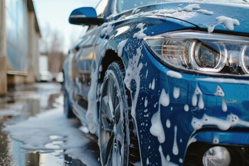 Luxurious car cleaning guide: expert tips for hand washing your high-end vehicle. Navy vehicle bathed in gentle cleanser and skilled touch