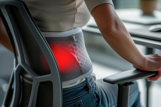 A woman uses a heating pad on her lower back while sitting in an ergonomic chair to alleviate back pain in a modern office setting.