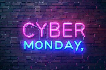 Obraz premium Neon sign border on dark brick wall for Cyber Monday concept.