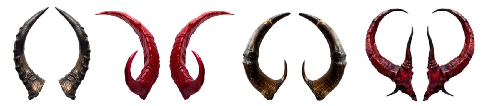 Set of devil demon satan horn on transparent background cutout. PNG file. Many different pair of design. Mockup template for artwork design