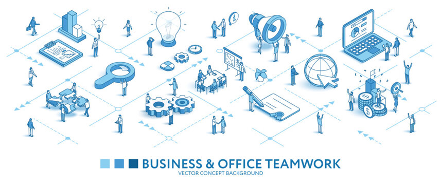 Business process, office isometric seamless pattern. Partner meeting. Planning line 3d icon, people characters, arrows. Vector background teamwork concept illustration. Market growth journey infograph