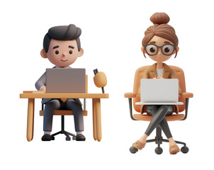 Fototapeta premium Man and Woman Cute Set Working on Laptop, Computer, or Tablet 3D Render Illustration Cartoon Character, Isolated on Transparent Background, PNG