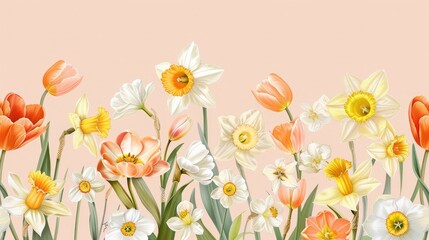 Obraz premium Spring blooming daffodils and tulips on a light pink background