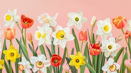 Spring blooming daffodils and tulips on a light pink background