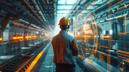 Naklejka premium Engineer Using Futuristic Digital Interface in High-Tech Industrial Facility - Generative AI