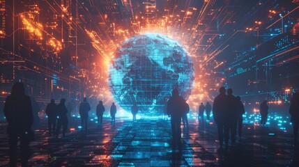 Futuristic Digital World with Silhouetted Figures - Generative AI