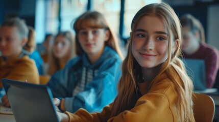 Smiling Teenage Girl in Classroom Using Laptop - Generative AI