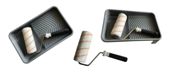Clean new paint roller in empty tray set cutout working tool, isolated with clipping path object for making repair works