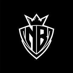 NB Letter logo with sharp triangle shield shape with crown inside white outline on black background template design