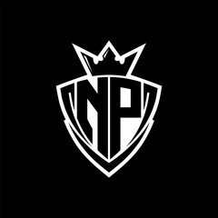 NP Letter logo with sharp triangle shield shape with crown inside white outline on black background template design