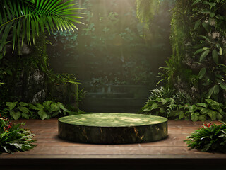 Podium background product forest green display platform wood stone 3d garden rock. Product podium jungle background stage leaf cosmetic nature scene stand presentation mockup tree pedestal plant eco