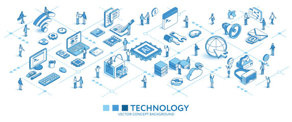 AI Digital Technology isometric seamless pattern. Cpu, Vr Game, Wi-fi 3d print line icons, people characters. Develop business infograph. Vector background teamwork concept illustration. Tech journey