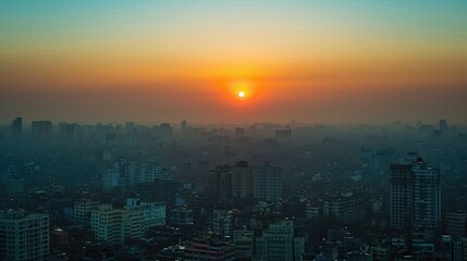 Fototapeta premium The sun rises over a prosperous cityscape with many buildings. with a soft orange horizon gradually Changed to a bright blue morning sky