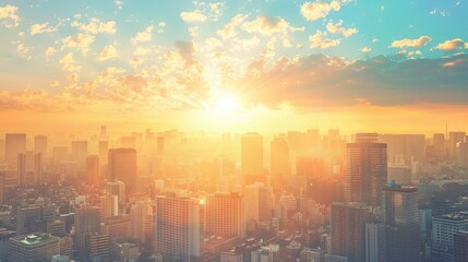 Fototapeta premium The sun rises over a prosperous cityscape with many buildings. with a soft orange horizon gradually Changed to a bright blue morning sky