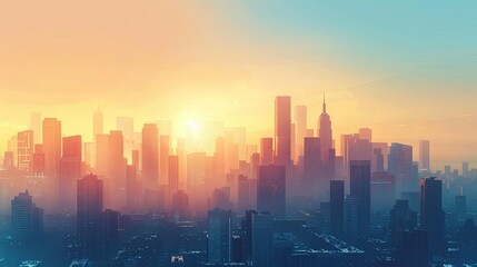 Fototapeta premium The sun rises over a prosperous cityscape with many buildings. with a soft orange horizon gradually Changed to a bright blue morning sky