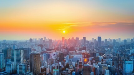 Fototapeta premium The sun rises over a prosperous cityscape with many buildings. with a soft orange horizon gradually Changed to a bright blue morning sky