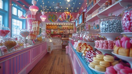 A candy store with a pink and blue theme