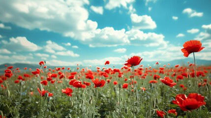 A field of red flowers with a blue sky in the background